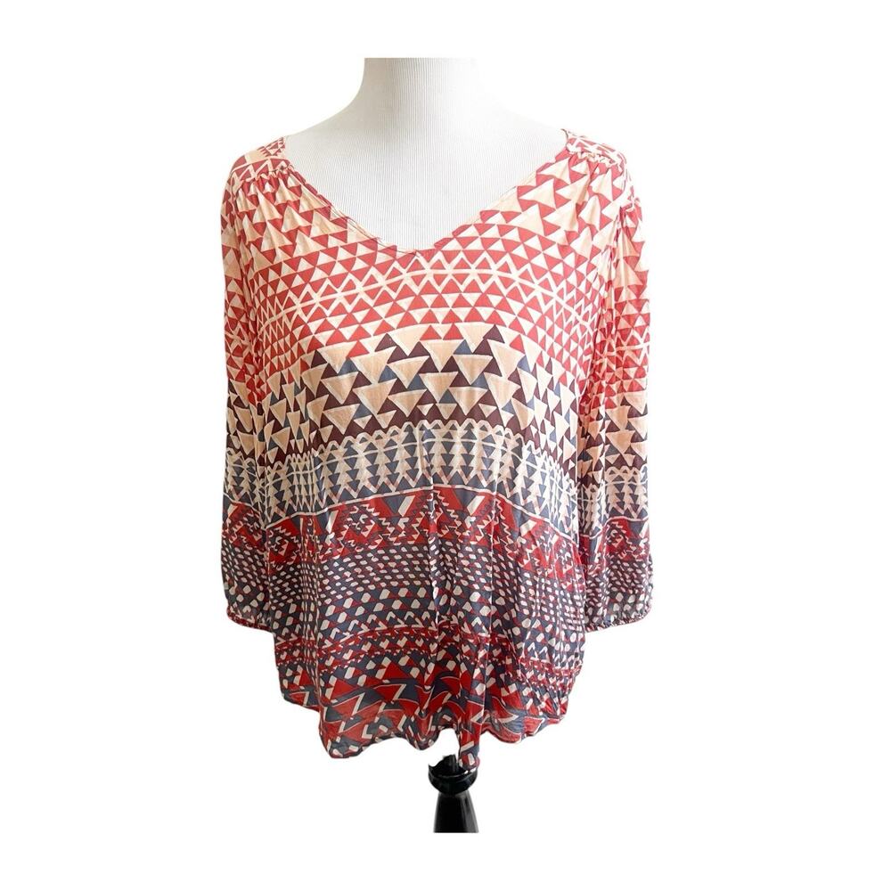 Lucky Brand Blouse Women’s 3/4 Sleeve Aztec Geometric V Neck Multicolor Medium